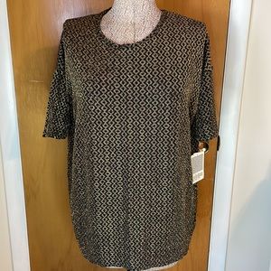 LuLaRoe NWT Gold Metallic Womens XS Irma Holiday Top Gold Shimmer & Black